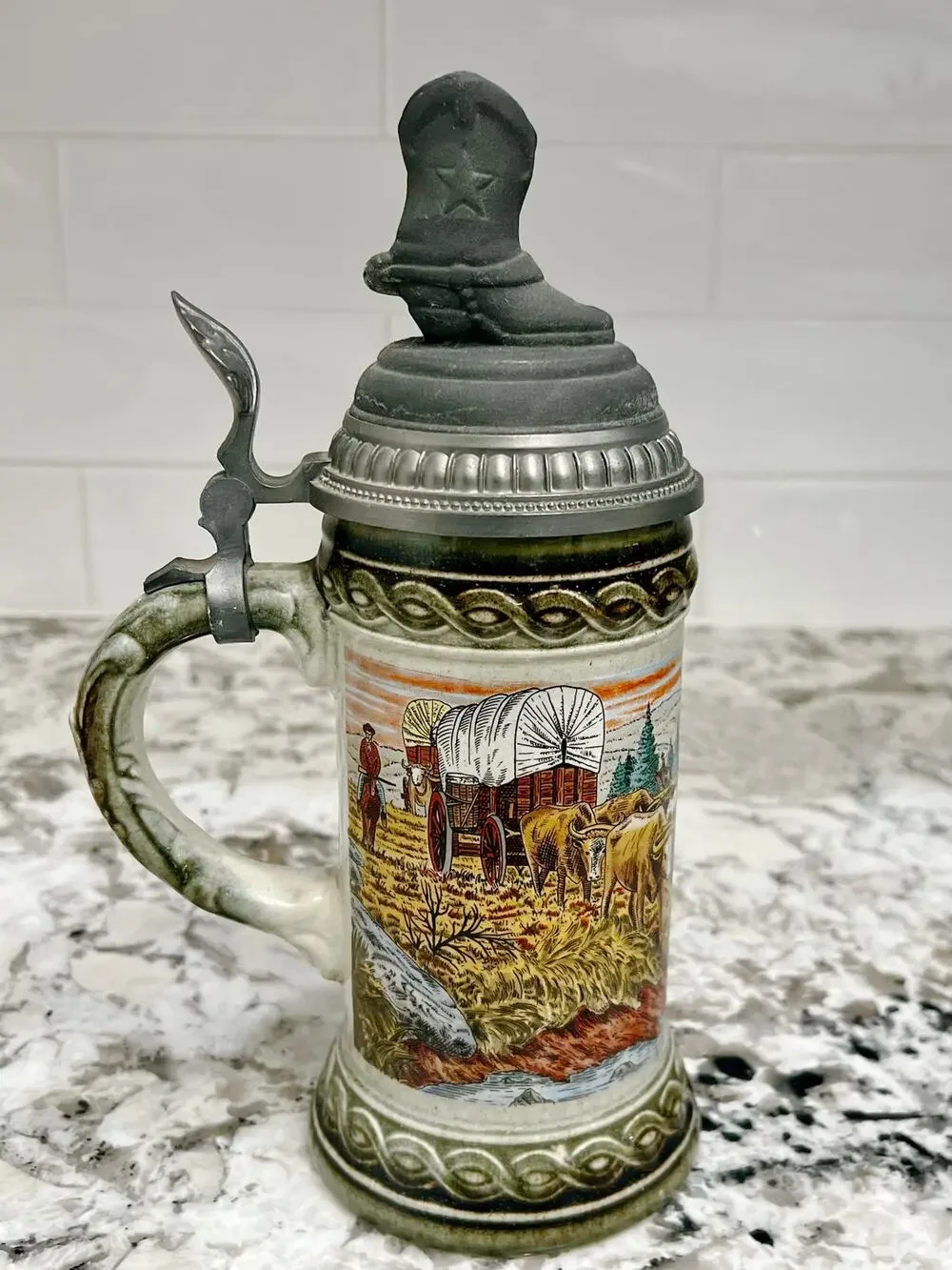 Vintage Gerz West Germany Stein Uncommon Design Cowboy Boot Lid Pioneer Wagon